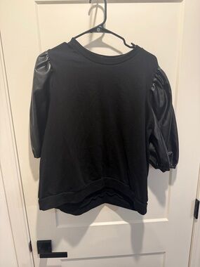 Eloquii Elements- Black Puff Sleeve Women's Top - Faux Leather Sleeves